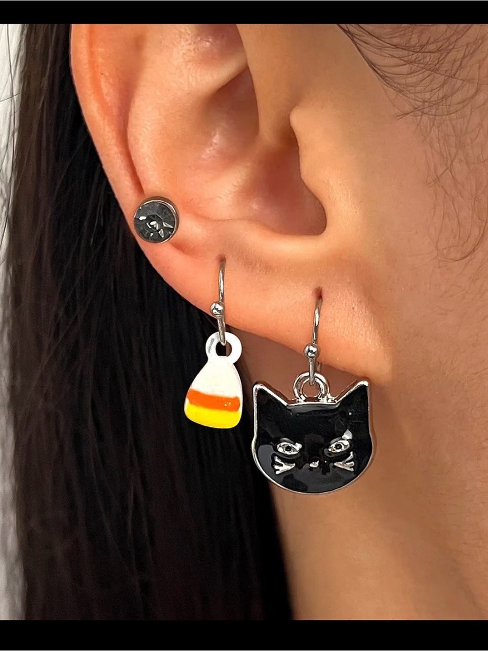 Black Cat & Candy Corn Cute Cat Earrings - Black and Yellow